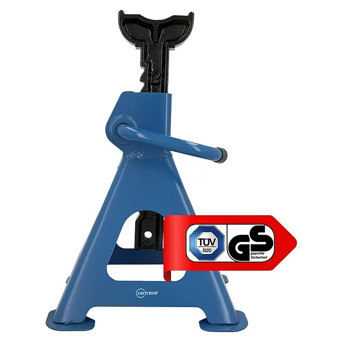 UniTEC Profi Unterstellbock - Teleskopierbar: 26,5 cm - 42 cm, Automatisches Einrasten - Abgebildeter blauer Wagenheber mit TÜV Süd und GS Zeichen für geprüfte Sicherheit.