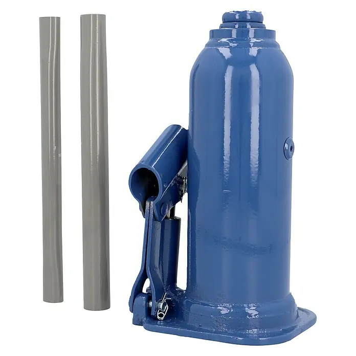 UniTEC Hydraulischer Flaschenwagenheber - 5.000 kg - Hydraulischer Wagenheber in Blau, ideal zum Heben von Fahrzeugen und Lasten. Mit zwei grauen Stangen zur Bedienung.