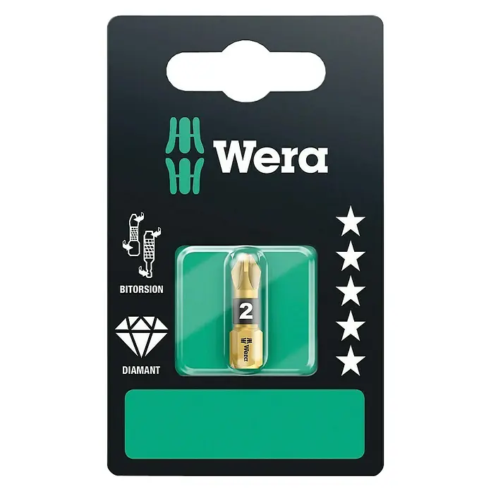 Wera Premium Plus Diamant-Bit 855/1 BDC - PZ 2, 25 mm - Wera Bit-Torsion, Größe 2, speziell gehärtet für lange Lebensdauer und hohe Beanspruchung. Ideal für Schraubarbeiten mit Diamantbeschichtung.