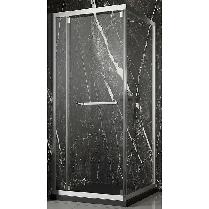 Camargue Eckdusche Verona - L x B x H: 90 x 90 x 195 cm, Silberglanz - Bild einer Duschkabine mit Schiebetür und Griff vor einer dunklen Marmorwand, die ein modernes und elegantes Badezimmerdesign zeigt.