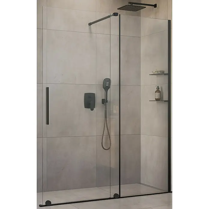 Camargue Duschwand Milano - B x H: 120 x 200 cm - Moderne Duschkabine mit schwarzen Armaturen und stilvollen Glaswänden für ein elegantes Badezimmerdesign.