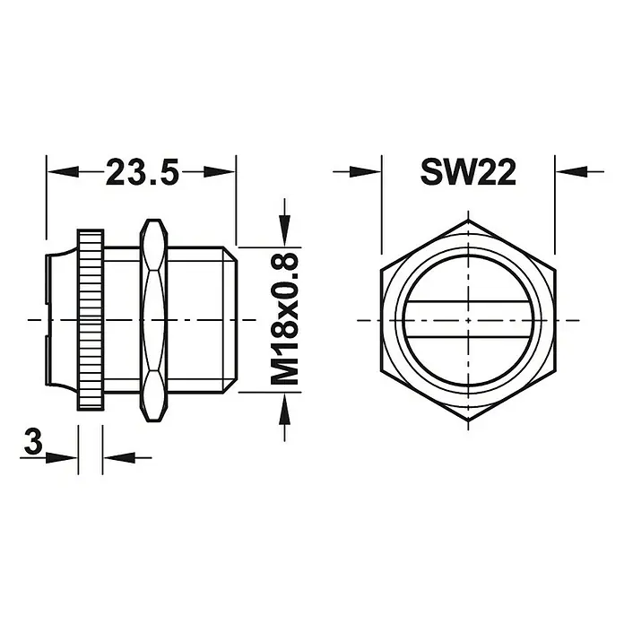 Häfele Cierre magnético - Fuerza de adherencia: 7 kg, Plateado, M 18 - Dibujo técnico de un prensaestopas con dimensiones M18x0.8, SW22 y una longitud de 23.5 mm.