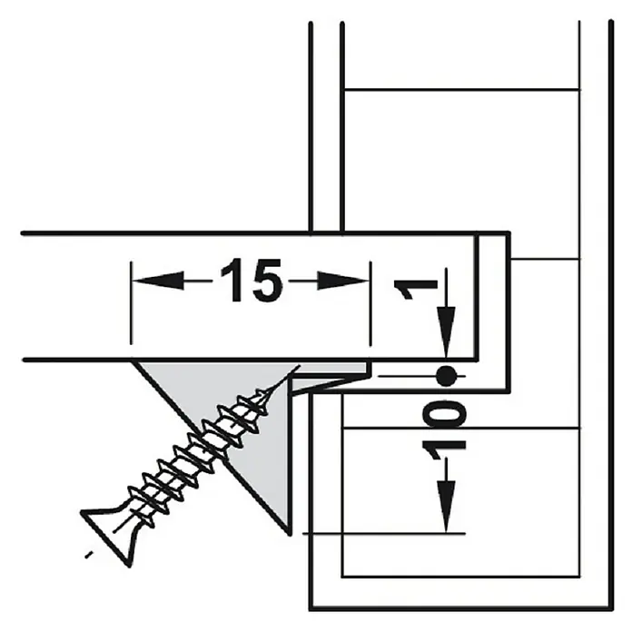 Suki Conector del panel trasero - L x An: 15 x 11 mm, Plástico, Beige - Ilustración de montaje de muebles con tornillo y dimensiones para una instalación precisa.