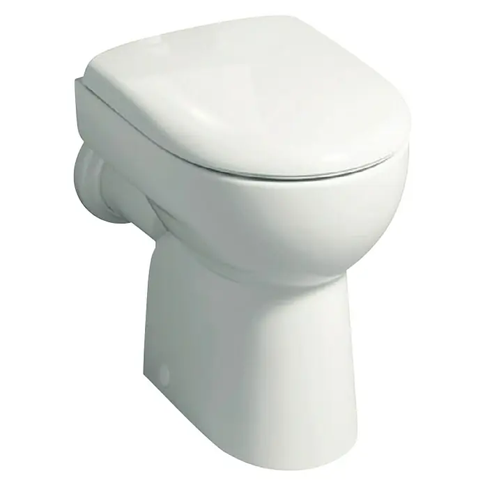 Geberit Renova Stand-WC - Mit Spülrand, Mit schmutzabweisender Glasur, Spülform: Flach, WC Abgang: Waagerecht, Weiß - Eine weiße Standtoilette mit geschlossenem Spülkasten, ideal für moderne Badezimmerdesigns. Stilvoll und funktional.