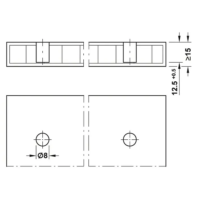 Häfele Herraje de unión para armarios Ixconnect SC 8/25 - Específico para: Grosores de madera a partir de 15 mm, Plástico - Dibujo técnico de un componente con dimensiones. Agujero Ø8, altura 12.5 +0.5 y ≥15 mm.