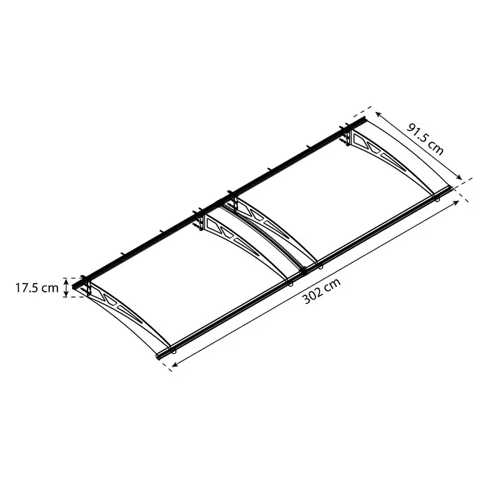 Solid Elements Pultvordach Pavo - 302 x 91,5 x 17,5 cm, Anthrazitgrau - Schematische Darstellung eines Vordachs mit Abmessungen. Perfekt für detaillierte Produktspezifikationen und Bauanleitungen.