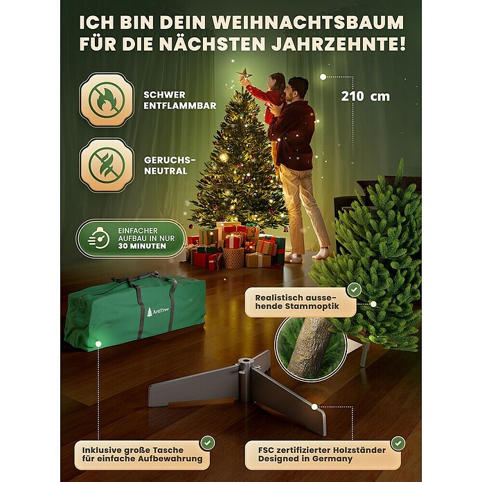 ArtiTree Künstlicher Weihnachtsbaum Nordfichte LED (Höhe: 210 cm, Grün, LED-Beleuchtung) | BAUHAUS