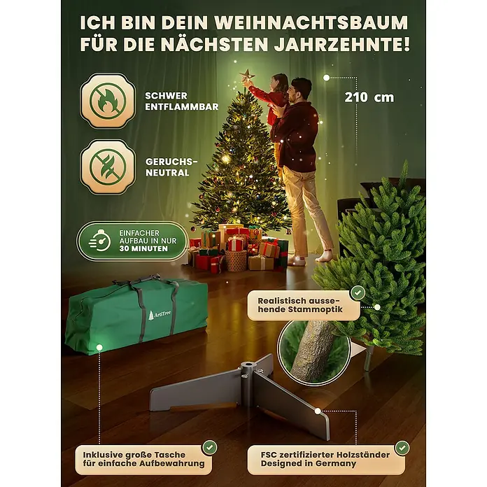 ArtiTree Künstlicher Weihnachtsbaum Nordfichte LED - Höhe: 210 cm, Grün, LED-Beleuchtung - Künstlicher Weihnachtsbaum mit schwer entflammbarem Material, geruchsneutral, einfacher Aufbau in 30 Minuten, inklusive Tasche zur Aufbewahrung.