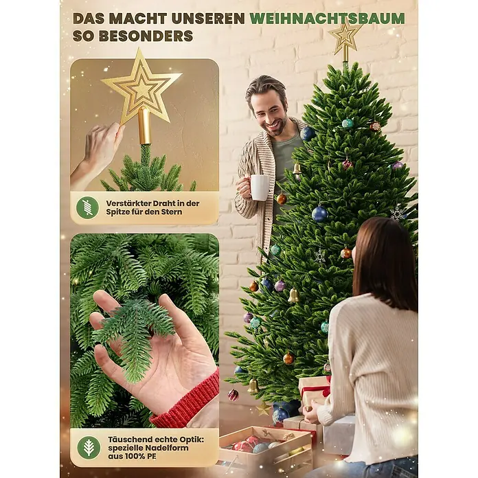 ArtiTree Künstlicher Weihnachtsbaum Nordfichte - Höhe: 150 cm, Grün, Standfuß - Das Bild zeigt einen geschmückten Weihnachtsbaum mit Sternspitze, hergestellt aus 100% PE-Material für eine täuschend echte Optik.