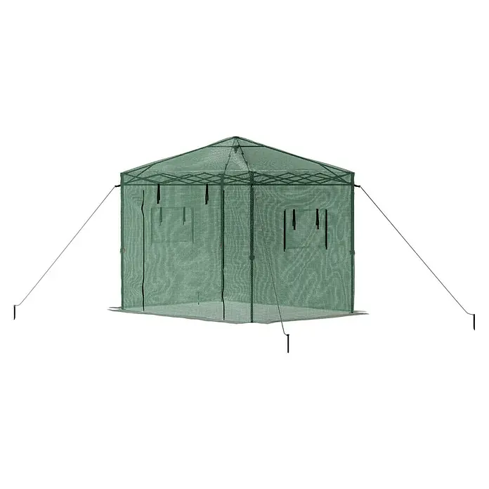 Gardol Invernadero de plástico Pop-Up - 240 x 180 x 245 cm, Metal, Plástico - Esta imagen muestra una tienda de campaña de camuflaje verde con sus cuerdas tensoras extendidas. La tienda cuenta con pequeñas ventanas y una puerta con cremallera.