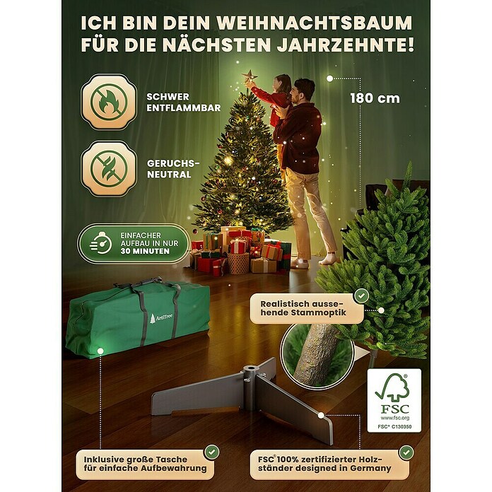 ArtiTree Künstlicher Weihnachtsbaum (Höhe: 180 cm, Grün, Standfuß, Ohne LED-Beleuchtung) | BAUHAUS