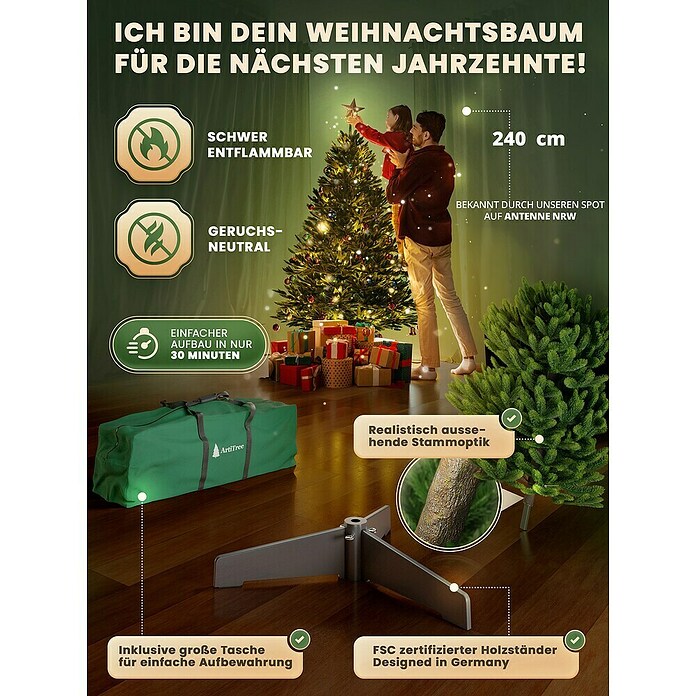 ArtiTree Künstlicher Weihnachtsbaum Nordfichte LED (Höhe: 240 cm, Grün, LED-Beleuchtung) | BAUHAUS