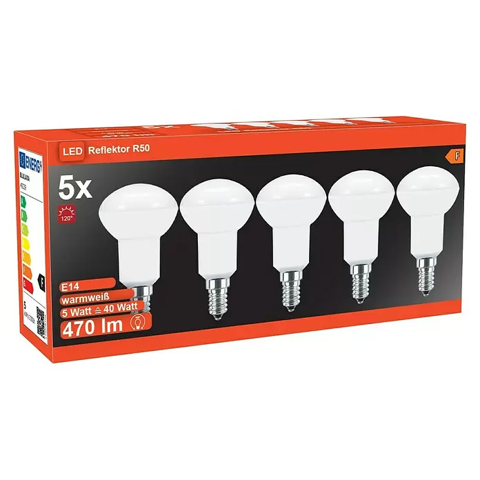 LED-Lampen Set - E14, Nicht Dimmbar, Warmweiß, 470 lm, 5 W, 5 Stk. - Fünferpack weiße LED R50 Reflektorlampen mit E14 Schraubsockeln, warmweiß 5W (40W Äquiv.), 470lm, Energieeffizienzklasse F.