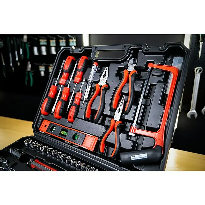 Brüder Mannesmann Werkzeugkoffer M29083 - L x B x H: 85 x 430 x 320 mm, 95 -tlg. - Werkzeugkoffer mit Schraubendrehern, Zangen, Wasserwaage und Säge. Ein vielseitiges Set für Heimwerker und Profis.