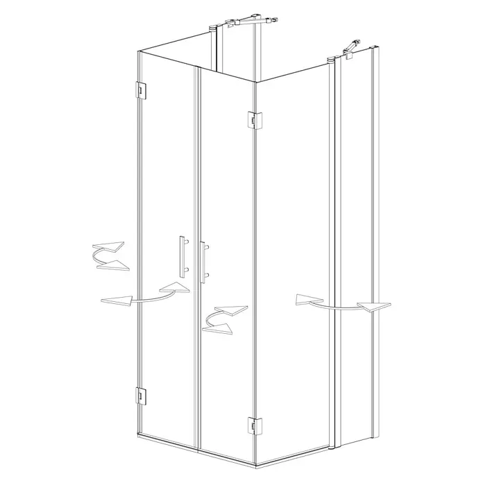 Camargue Vario Duschkabine B93B93 - 90 x 202,2 cm, Beschichtet, Glasstärke: 6 mm, Schwarz, Links x Mitte x Rechts: 90 x 90 x 90 cm - Perspektivische Darstellung einer Duschkabine mit klaren Glaswänden und silbernen Beschlägen. Die Duschkabine hat einen modernen Look.
