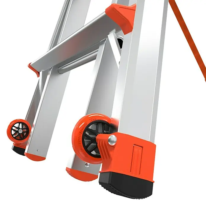 Little Giant Stehleiter SELECT STEP - Anzahl Tritte: 7 Stk., Arbeitshöhe: 376 cm, Belastbarkeit: 150 kg, Aluminium - Nahaufnahme einer Aluminiumleiter mit orangefarbenen Akzenten und Rädern für einfachen Transport. Ideal für vielseitige Arbeiten.