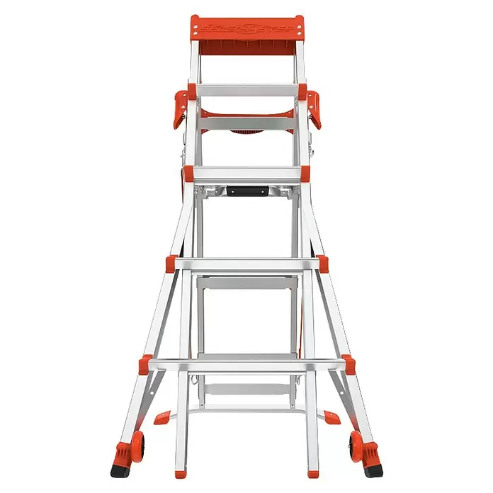 Little Giant Stehleiter SELECT STEP - Anzahl Tritte: 7 Stk., Arbeitshöhe: 376 cm, Belastbarkeit: 150 kg, Aluminium - Silberne Aluminium-Mehrzweckleiter mit orangefarbenen Akzenten, verstellbarem Design und Mobilitätsrädern.