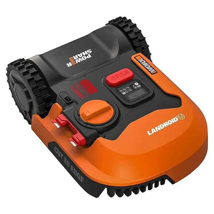 Worx PowerShare 20V Robot cortacésped Landroid M700 - 700 m², Ancho de corte: 18 cm, Navegación por inducción, Cable de antena - Un compacto robot cortacésped Worx Landroid M naranja y negro, con un gran botón "Stop" y el logotipo Power Share.