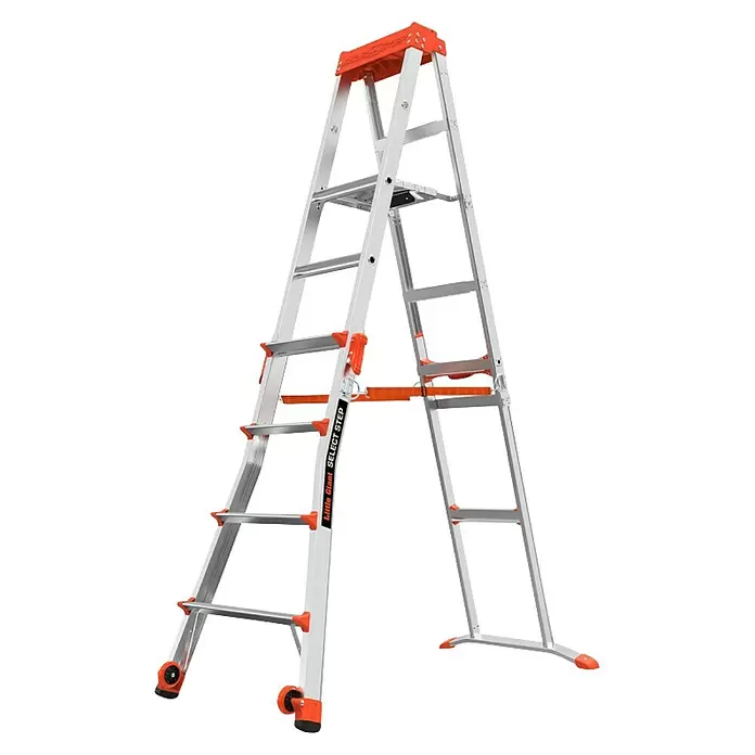 Little Giant Stehleiter SELECT STEP - Anzahl Tritte: 7 Stk., Arbeitshöhe: 376 cm, Belastbarkeit: 150 kg, Aluminium - Verstellbare Aluminium-Mehrzweckleiter mit orangefarbenen Akzenten und integrierten Rädern für einfache Manövrierbarkeit.