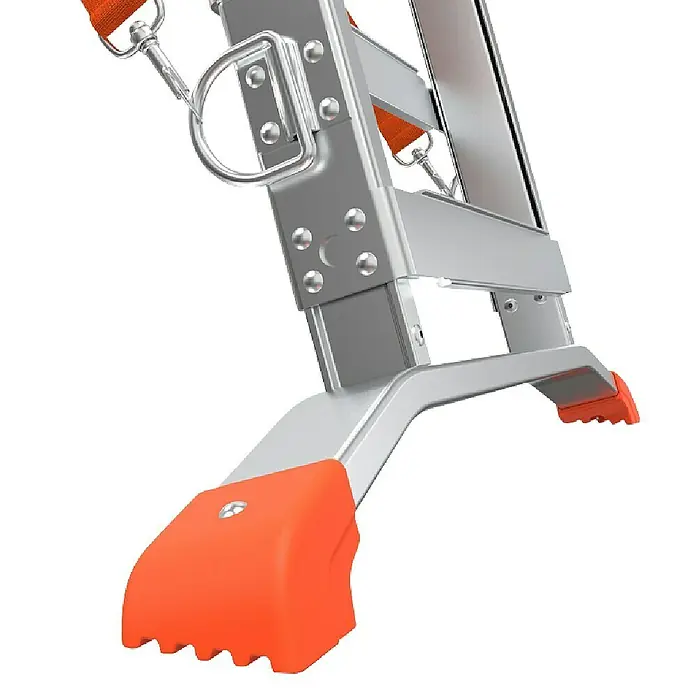 Little Giant Stehleiter SELECT STEP - Anzahl Tritte: 7 Stk., Arbeitshöhe: 376 cm, Belastbarkeit: 150 kg, Aluminium - Nahaufnahme einer Aluminiumleiter mit orangefarbenen Füßen, die Stabilität und Sicherheit bietet.\n