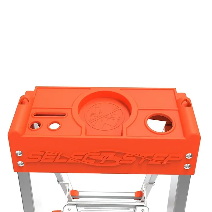 Little Giant Stehleiter SELECT STEP - Anzahl Tritte: 7 Stk., Arbeitshöhe: 376 cm, Belastbarkeit: 150 kg, Aluminium - Das Bild zeigt die Select Step Stehleiter mit einer robusten, orangefarbenen Ablagefläche für Werkzeuge und Zubehör. Ideal für Handwerker.