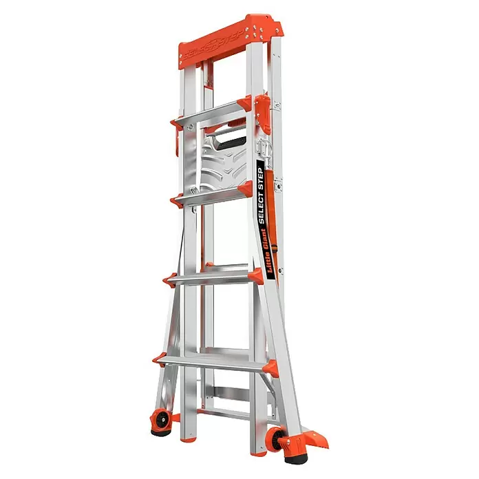 Little Giant Stehleiter SELECT STEP - Anzahl Tritte: 7 Stk., Arbeitshöhe: 376 cm, Belastbarkeit: 150 kg, Aluminium - Verstellbare Aluminium-Mehrzweckleiter in Silber mit orangefarbenen Akzenten, Gelenken und Rädern.