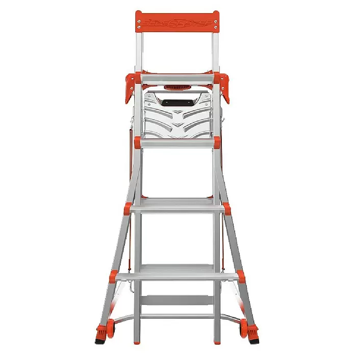 Little Giant Stehleiter SELECT STEP - Anzahl Tritte: 7 Stk., Arbeitshöhe: 376 cm, Belastbarkeit: 150 kg, Aluminium - Silberne Stehleiter mit orangefarbenen Akzenten, mehreren Plattformen, Rädern und Haltebügel.