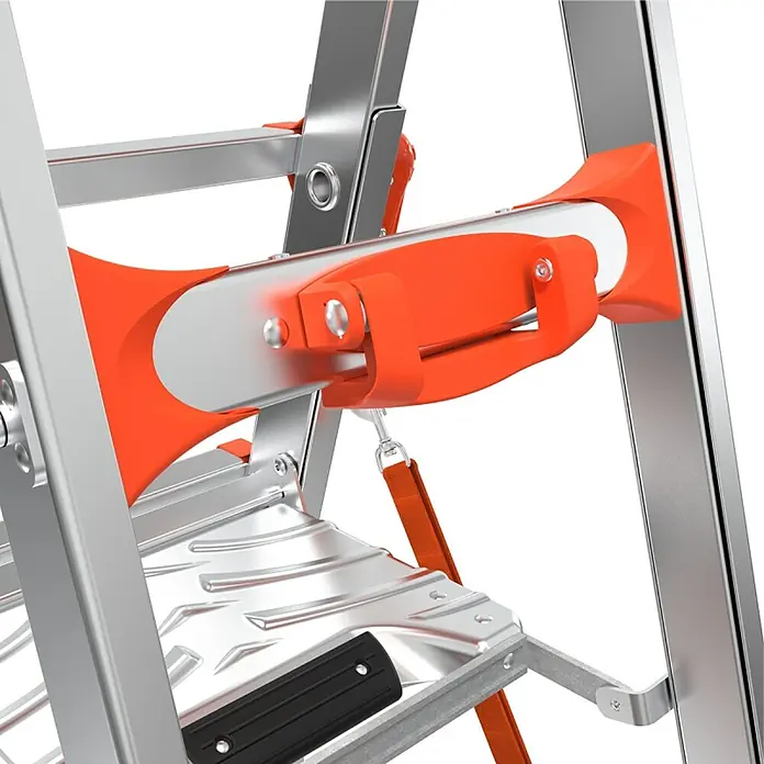 Little Giant Stehleiter SELECT STEP - Anzahl Tritte: 7 Stk., Arbeitshöhe: 376 cm, Belastbarkeit: 150 kg, Aluminium - Detailansicht einer Little-Giant-Leiter mit orangefarbenem Verriegelungsmechanismus und silberfarbenen Sprossen, die Funktionalität und Design vereinen.