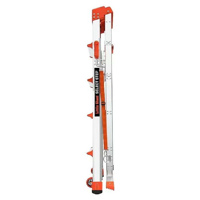 Little Giant Stehleiter SELECT STEP - Anzahl Tritte: 7 Stk., Arbeitshöhe: 376 cm, Belastbarkeit: 150 kg, Aluminium - Orange-silberne Little Giant SELECT STEP Mehrzweck-Klappleiter mit Rollen, im zusammengeklappten Zustand.