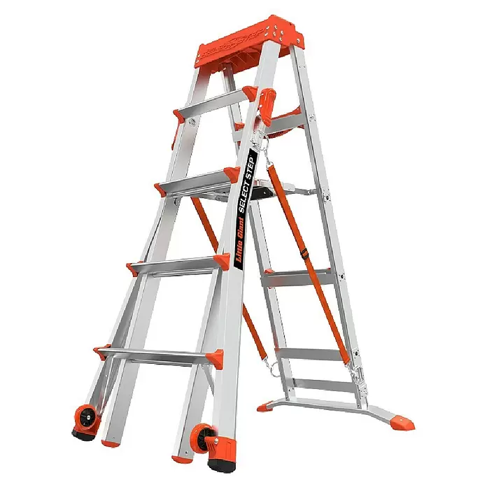Little Giant Stehleiter SELECT STEP - Anzahl Tritte: 7 Stk., Arbeitshöhe: 376 cm, Belastbarkeit: 150 kg, Aluminium - Silberne Mehrzweckleiter mit orangen Akzenten, Gelenken und Rädern.