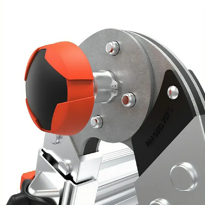 Little Giant Teleskopleiter VELO-CITY 4X4 SPROSSEN - Anzahl Tritte: 7 Stk., Arbeitshöhe: 554 cm, Belastbarkeit: 150 kg, Aluminium - Nahaufnahme einer verstellbaren Mehrzweckleiter mit orangefarbenem und schwarzem Drehknopf.