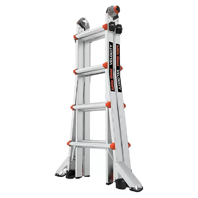 Little Giant Teleskopleiter VELO-CITY 4X4 SPROSSEN - Anzahl Tritte: 7 Stk., Arbeitshöhe: 554 cm, Belastbarkeit: 150 kg, Aluminium - Silberne Gelenkleiter mit orangefarbenen und schwarzen Akzenten, in A-Rahmen-Konfiguration gezeigt.