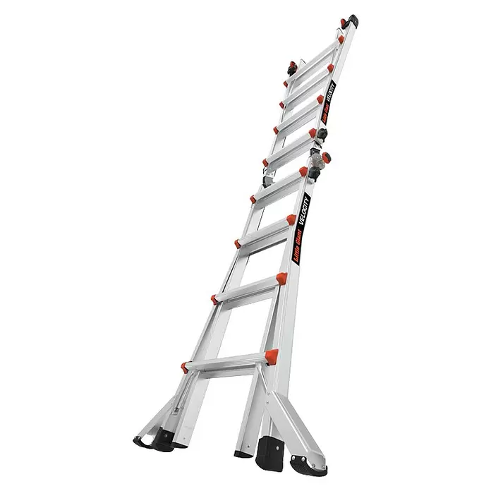 Little Giant Teleskopleiter VELO-CITY 4X4 SPROSSEN - Anzahl Tritte: 7 Stk., Arbeitshöhe: 554 cm, Belastbarkeit: 150 kg, Aluminium - Silberne Little Giant Velocity verstellbare Aluminiumleiter mit orangefarbenen Akzenten und schwarzen Füßen, in Mehrfachposition.
