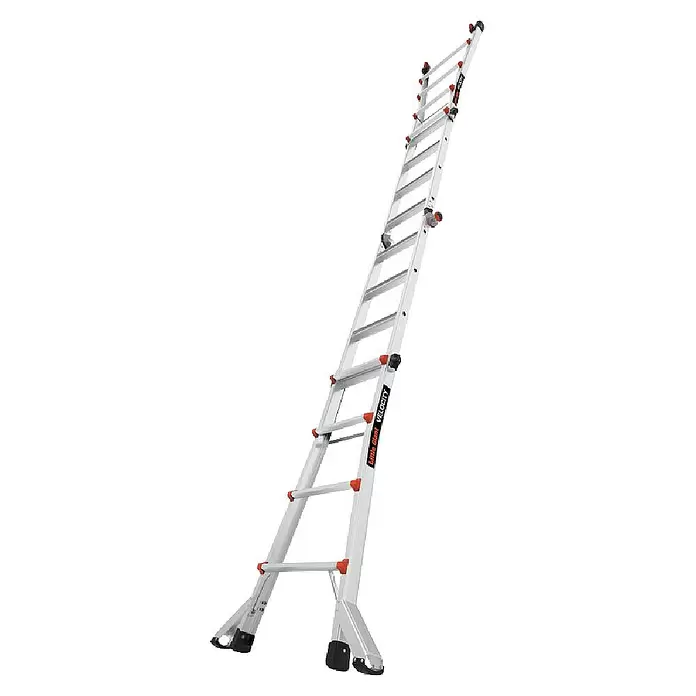 Little Giant Teleskopleiter VELO-CITY 4X4 SPROSSEN - Anzahl Tritte: 7 Stk., Arbeitshöhe: 554 cm, Belastbarkeit: 150 kg, Aluminium - Verstellbare silberne Aluminium-Mehrzweckleiter mit roten Akzenten und schwarzen Füßen.