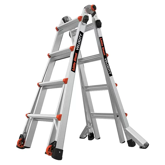 Little Giant Teleskopleiter VELO-CITY 4X4 SPROSSEN - Anzahl Tritte: 7 Stk., Arbeitshöhe: 554 cm, Belastbarkeit: 150 kg, Aluminium - Silberne Aluminium-Mehrzweckleiter mit orangefarbenen Akzenten und Rädern. Eine vielseitige, verstellbare Leiter.