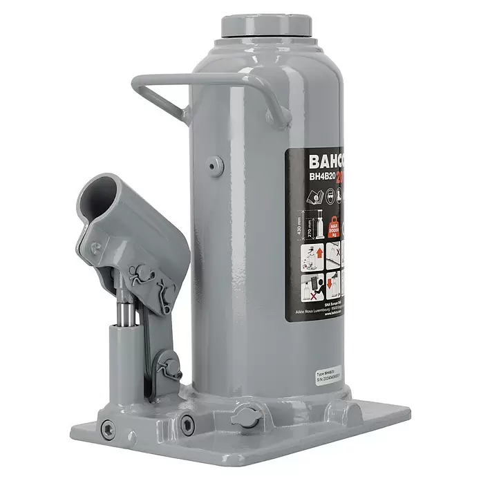 Bahco Hydraulischer Flaschenwagenheber BH4B20 - Traglast: 20 t, Hubhöhe: 27 cm - 43 cm - Grauer Hydraulik-Flaschenheber mit Seitenhebelmechanismus und Etikett für schwere Lasten.