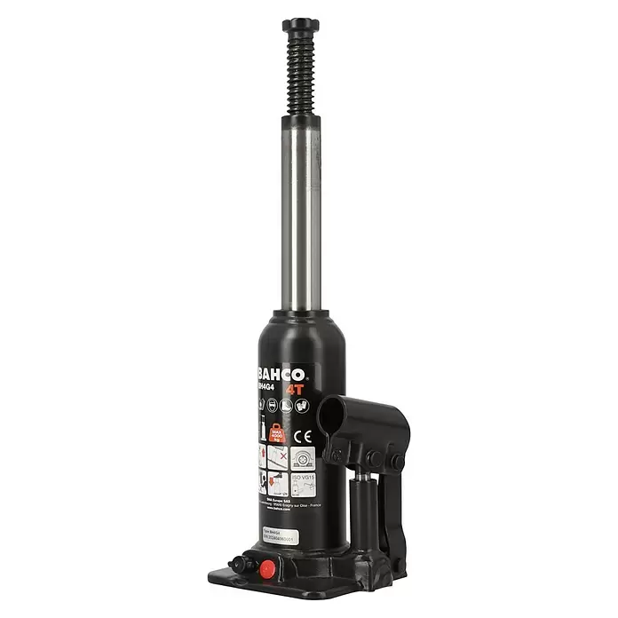 Bahco Hydraulischer Flaschenwagenheber BH4G4 - Traglast: 4 t, Hubhöhe: 19,3 cm - 37,3 cm - Schwarz-silberner Bahco Hydraulikheber, 4 Tonnen Tragkraft, mit Gewindespindel oben.