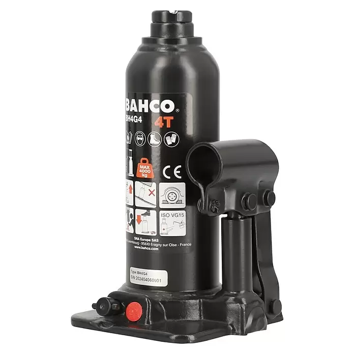 Bahco Hydraulischer Flaschenwagenheber BH4G4 - Traglast: 4 t, Hubhöhe: 19,3 cm - 37,3 cm - Schwarzer Bahco 4-Tonnen-Hydraulik-Flaschenheber mit Etiketten für Sicherheit und Modell BH4G4.