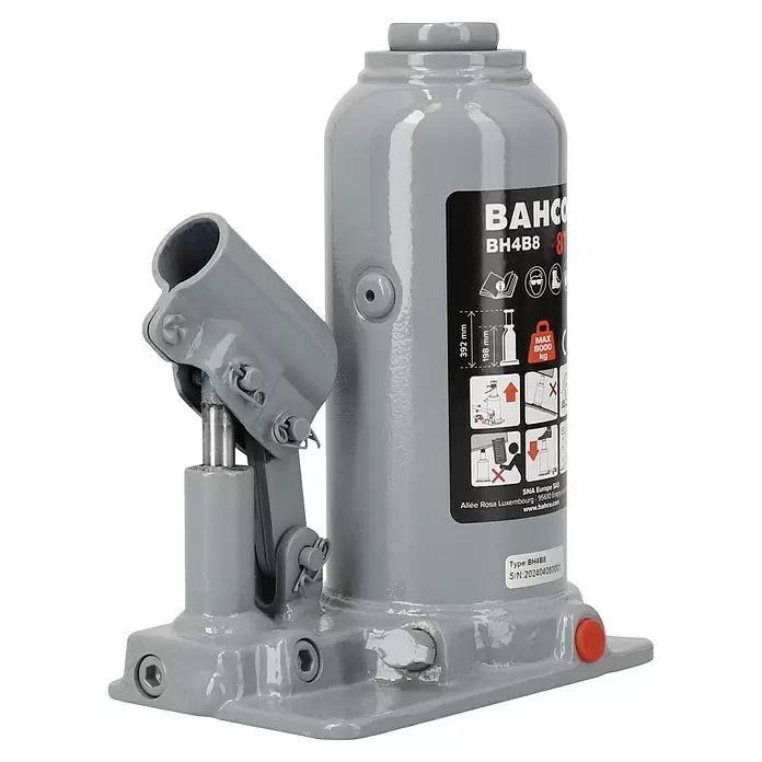 Bahco Hydraulischer Flaschenwagenheber BH4B8 - Traglast: 8 t, Hubhöhe: 19,8 cm - 39,2 cm - Grauer hydraulischer Flaschenheber aus Metall mit integriertem Hebehaken, 8000 kg.