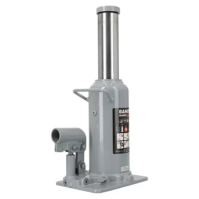 Bahco Hydraulischer Flaschenwagenheber BH4B20 - Traglast: 20 t, Hubhöhe: 27 cm - 43 cm - Grauer hydraulischer Flaschenheber mit glänzender Silberstange und verstellbarer Stütze, ausgelegt für 20000 kg.