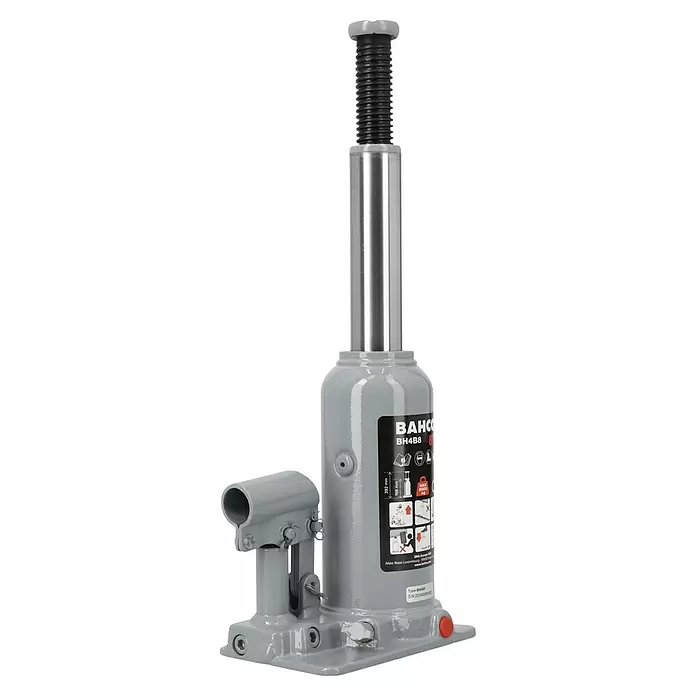 Bahco Hydraulischer Flaschenwagenheber BH4B8 - Traglast: 8 t, Hubhöhe: 19,8 cm - 39,2 cm - Grauer hydraulischer Flaschenwagenheber mit silbernem Stempel, schwarzer Gewindeschraube und seitlicher Griffhalterung, für 8000 kg ausgelegt.