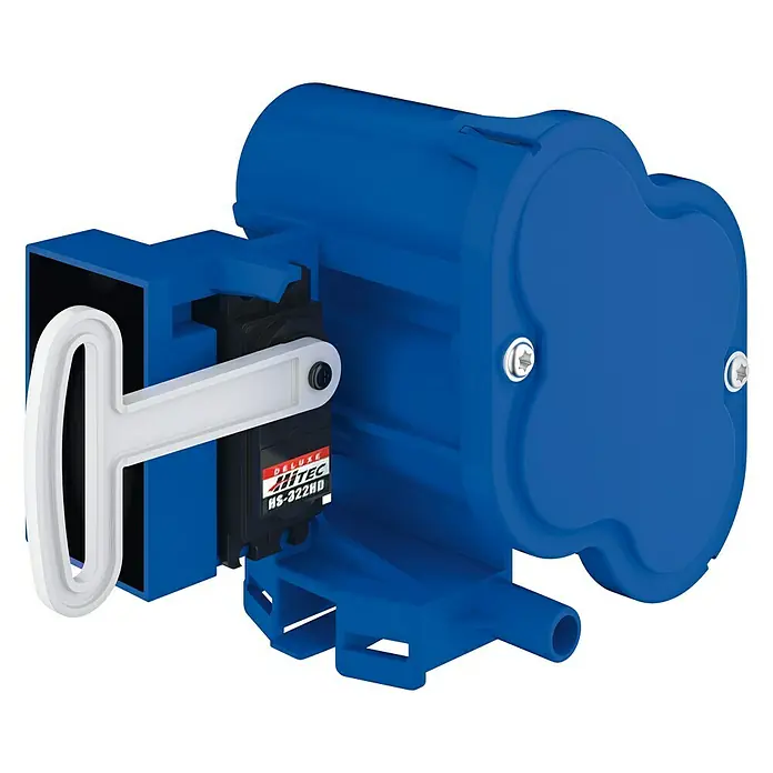 Grohe Funk-Elektronik - Passend für: Grohe Spülkasten GD 2 - Nahaufnahme einer blauen Hitec HS-322HD Delux Servomotoreinheit mit weißem Hebelarm.