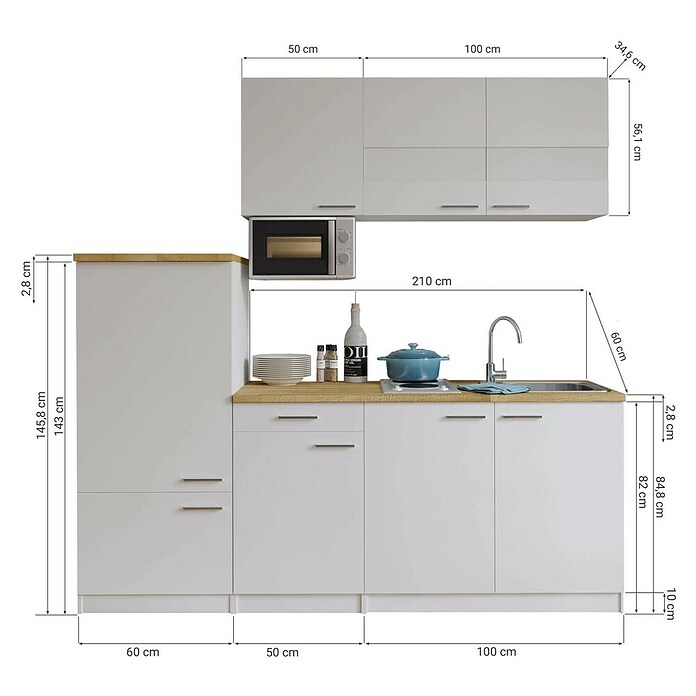 Respekta Composición de cocina (Ancho: 210 cm, Blanco, Con electrodomésticos) | BAUHAUS
