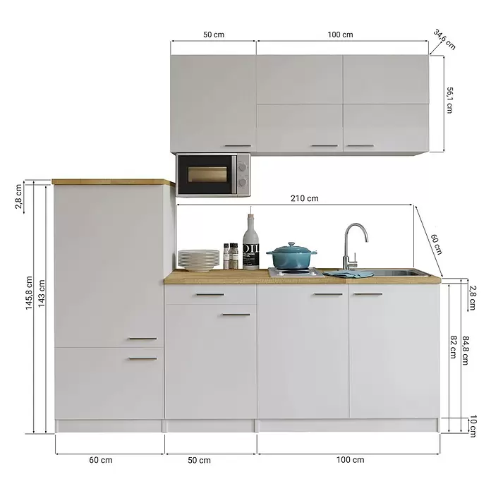 Respekta Composición de cocina - Ancho: 210 cm, Blanco, Con electrodomésticos - Mueble de cocina modular blanco con encimera de madera clara, incluye armarios altos y bajos, un armario alto, microondas, fregadero y vitrocerámica.