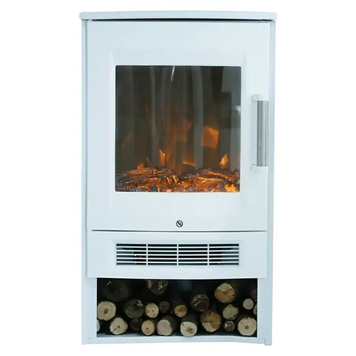 Voltomat Chimenea eléctrica Oslo con Wifi - Blanco - Primer plano de una chimenea eléctrica blanca con llamas simuladas y almacenamiento de leña, ideal para crear un ambiente cálido y acogedor.