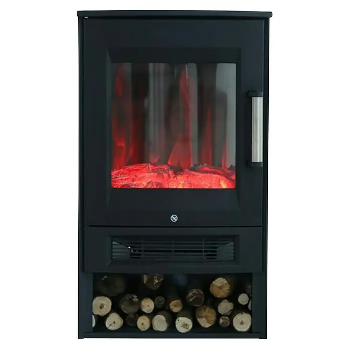 Voltomat Chimenea eléctrica Oslo con Wifi - Negro - Chimenea eléctrica con marco negro, llamas simuladas y almacenamiento de leña para un ambiente acogedor.