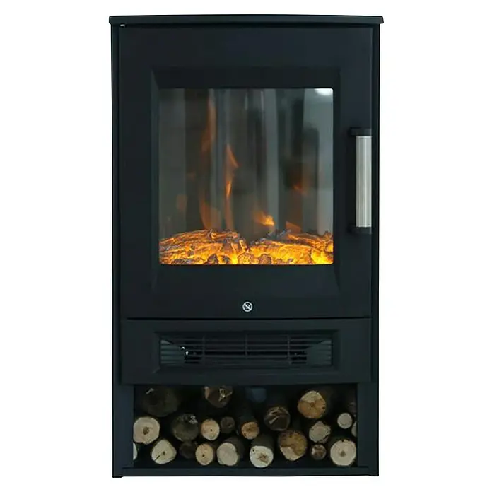 Voltomat Chimenea eléctrica Oslo con Wifi - Negro - Primer plano de una estufa de chimenea eléctrica negra con almacenamiento de leña, que añade calidez y ambiente a cualquier habitación.