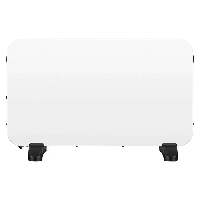 Ksix Convector inteligente Magma - 2.000 W, 26 x 38,8 x 60 cm, Color: Blanco - Un radiador rectangular blanco con bordes redondeados y pies negros para una distribución uniforme del calor.