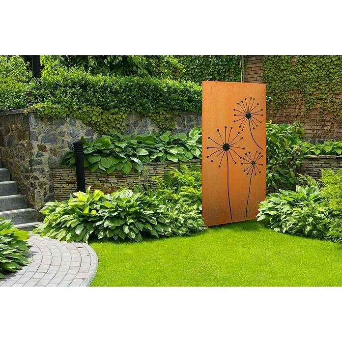 Palatino Space Vertical Sichtschutzelement Stella - 87 x 180 cm, Edelrost, Stella - Rostfarbener Sichtschutz mit ausgeschnittenem Pusteblumen-Motiv, ideal als Gartendekoration.