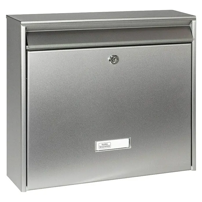 Burg-Wächter Briefkasten Inoxstar 4770 NI - Edelstahl, L x B x H: 100 x 362 x 322 mm - Ein silberfarbener Burg Wächter Briefkasten, robust und sicher, mit einem Schloss und einem dezenten Logo. Ideal für den Außenbereich.